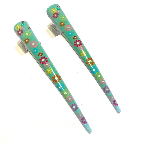 Updo Hair Clips Set Of 2 Green With Multi Colored Flowers - Picture 3 of 5